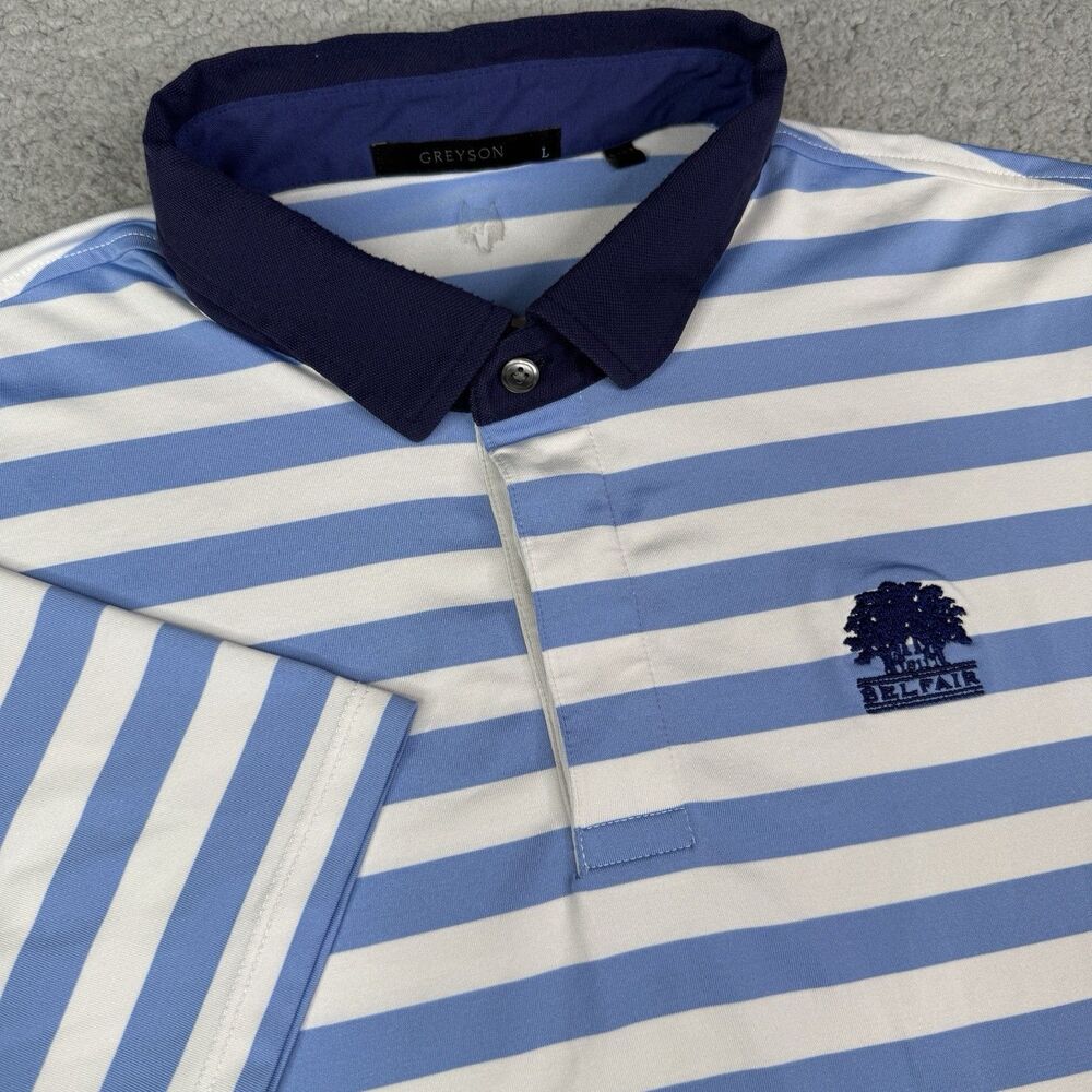 Greyson Polo Shirt Mens‎ Large Blue White Stripe Belfair Golf Club Performance